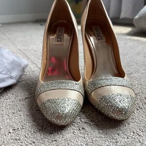 Badgley Mischka Glittering Silver and Cream Heels